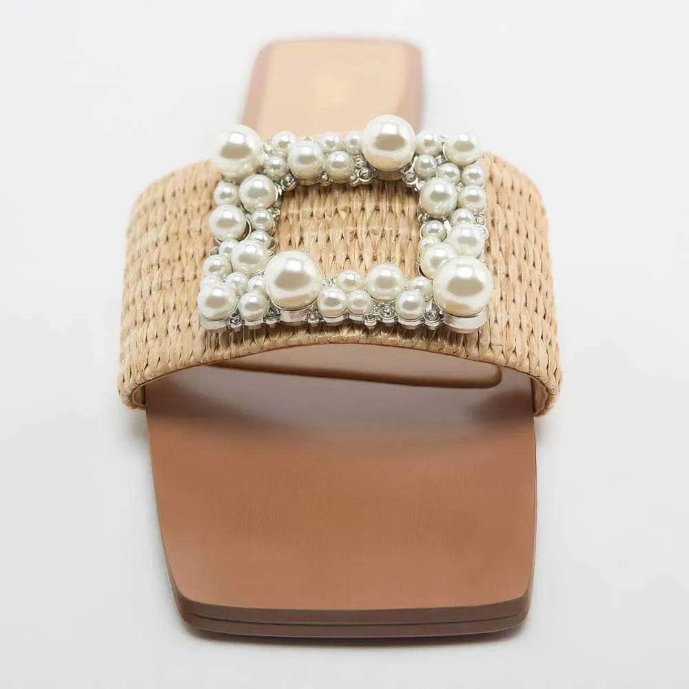 Pearl Rhinestone Decor Slide In Flat Mules