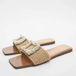 Pearl Rhinestone Decor Slide In Flat Mules