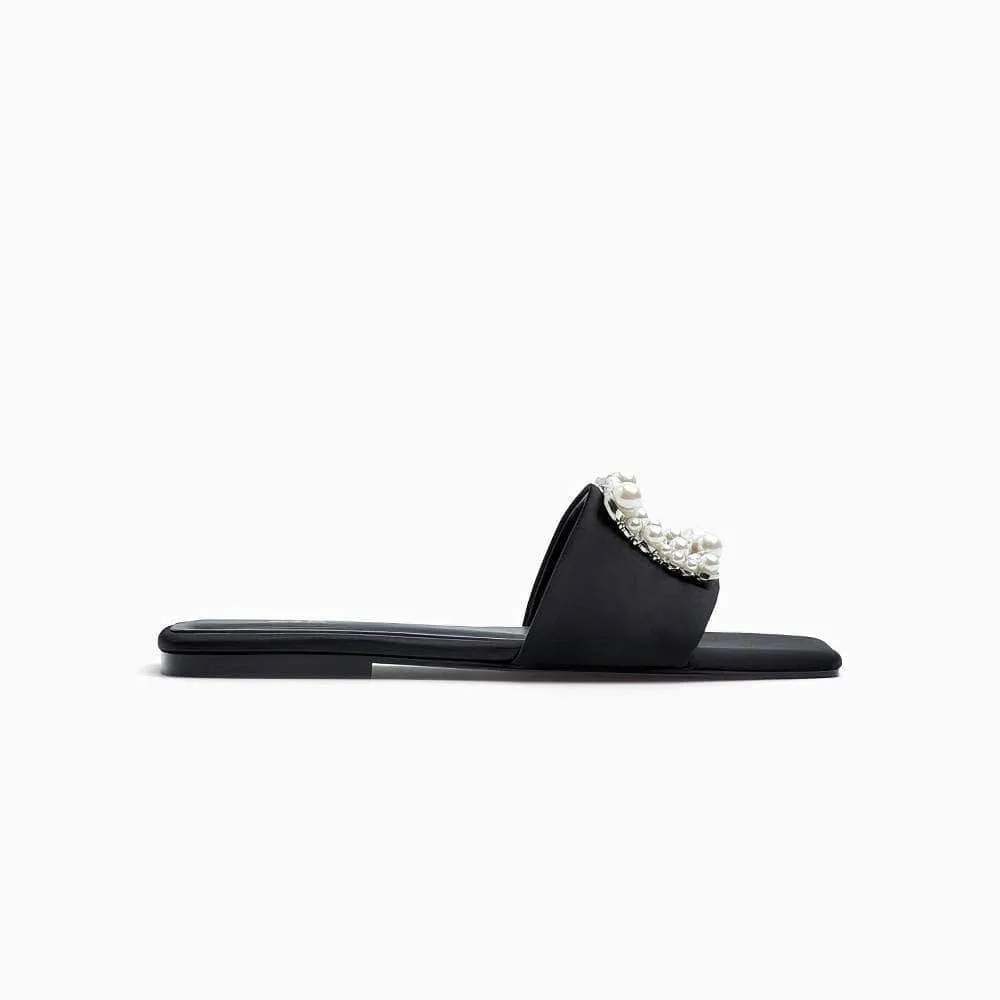 Pearl Rhinestone Decor Slide In Flat Mules