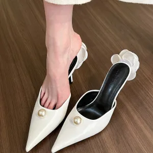 Pointed Pearl High Heel Half Slippers Women Mules Shoes