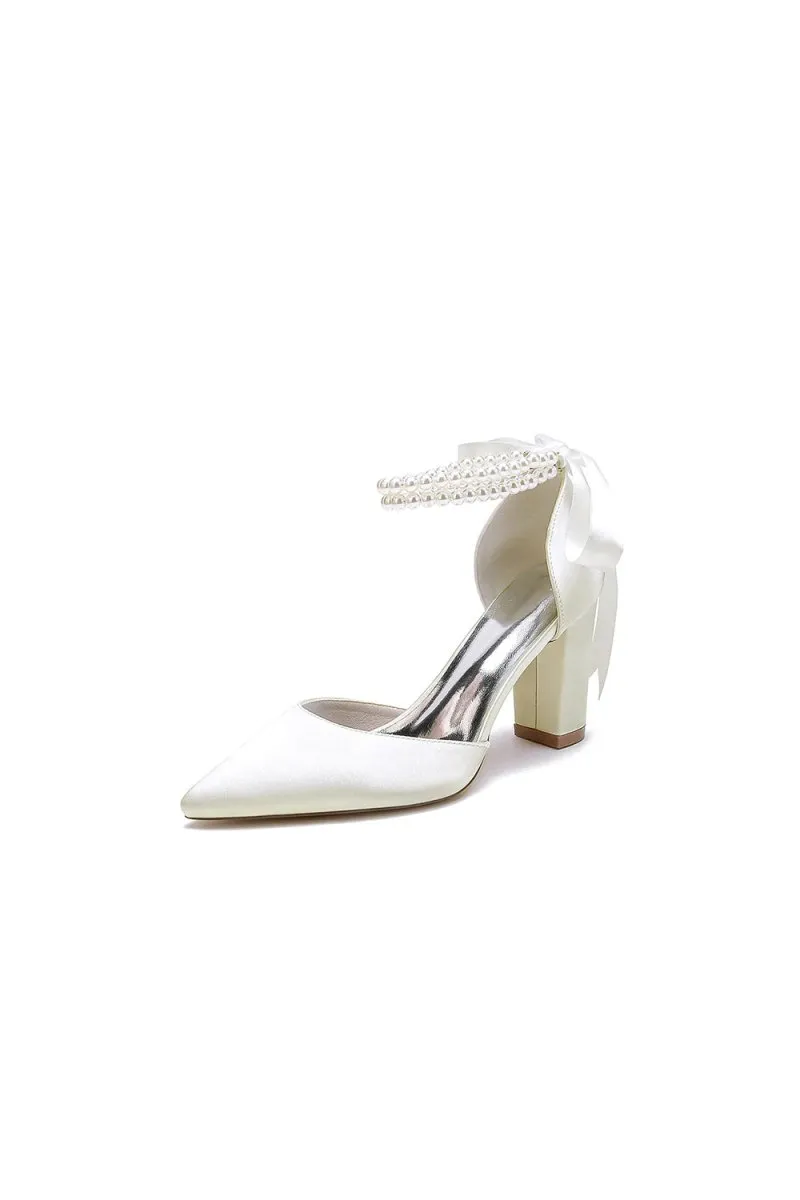 Pointed Toe Pearl Ribbon Ankle Strap Chunky Heel