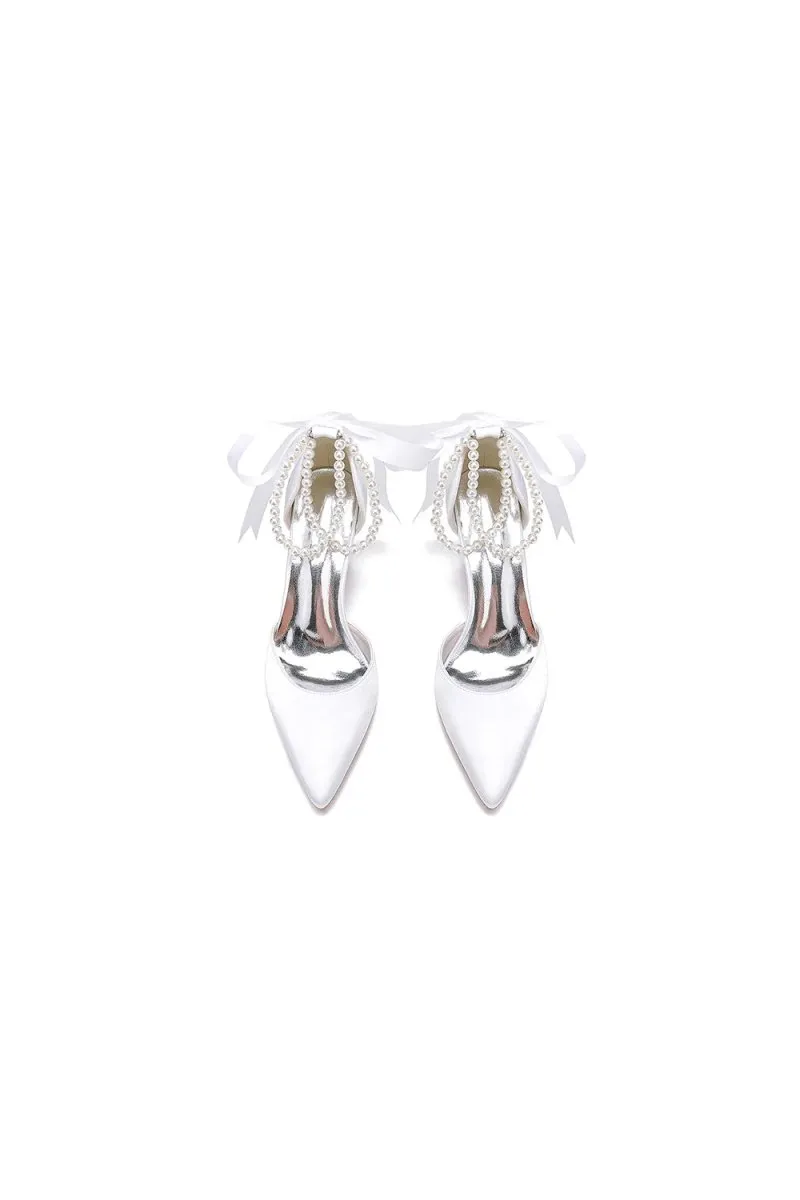 Pointed Toe Pearl Ribbon Ankle Strap Chunky Heel