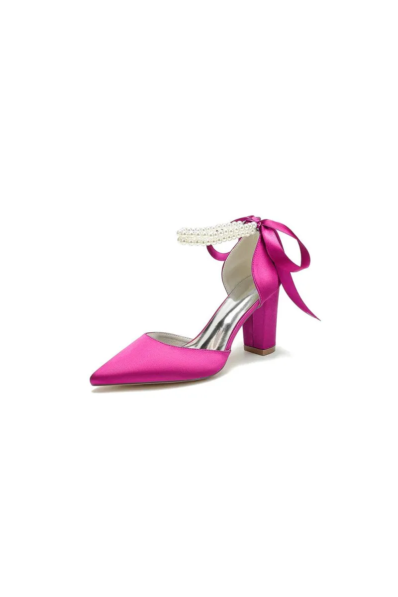 Pointed Toe Pearl Ribbon Ankle Strap Chunky Heel