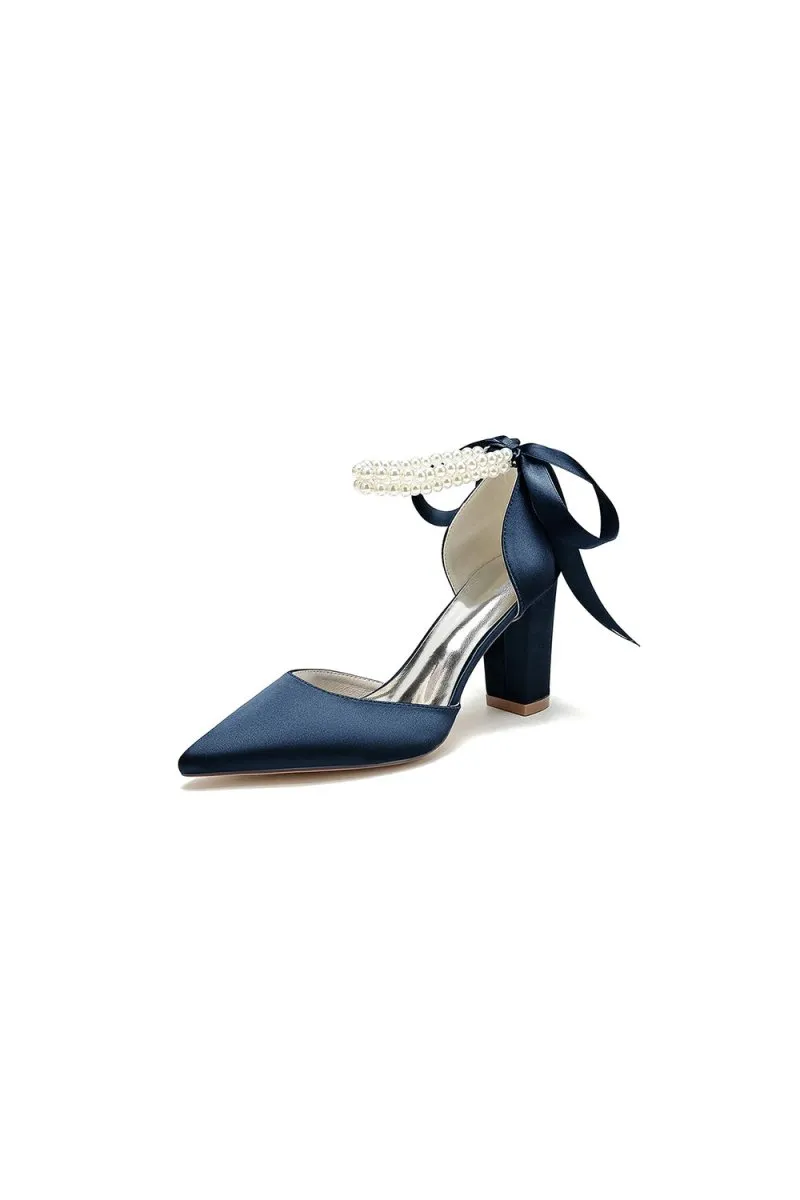 Pointed Toe Pearl Ribbon Ankle Strap Chunky Heel