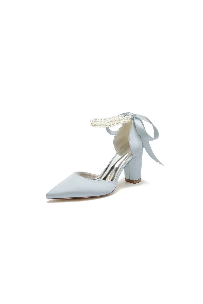 Pointed Toe Pearl Ribbon Ankle Strap Chunky Heel