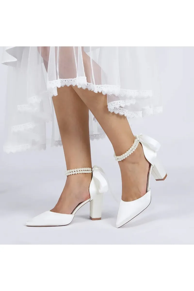 Pointed Toe Pearl Ribbon Ankle Strap Chunky Heel