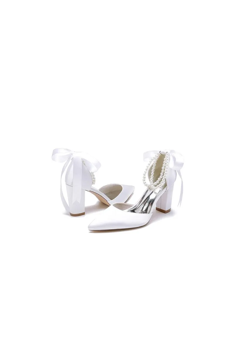 Pointed Toe Pearl Ribbon Ankle Strap Chunky Heel