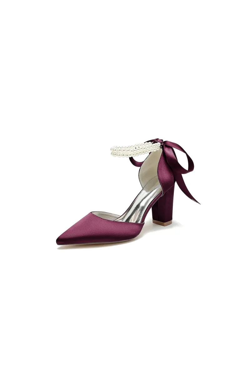 Pointed Toe Pearl Ribbon Ankle Strap Chunky Heel