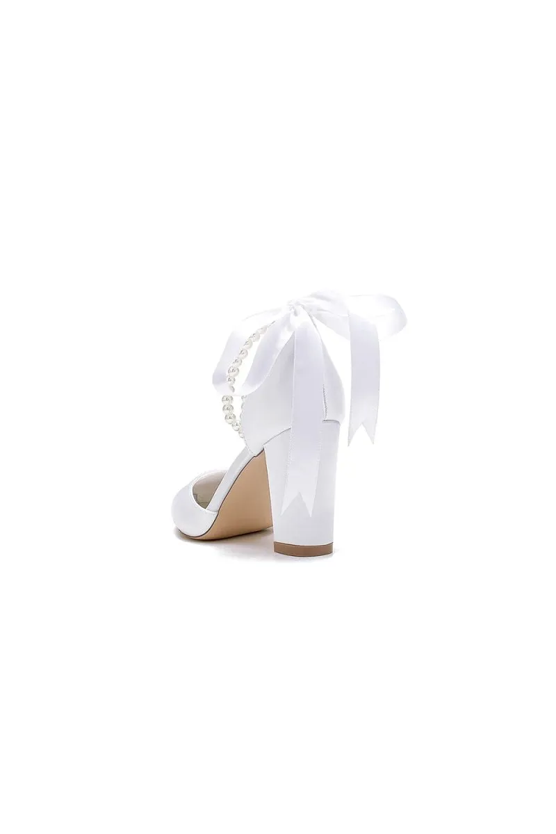 Pointed Toe Pearl Ribbon Ankle Strap Chunky Heel