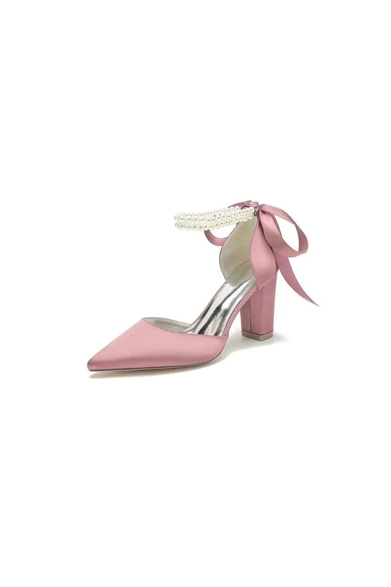 Pointed Toe Pearl Ribbon Ankle Strap Chunky Heel