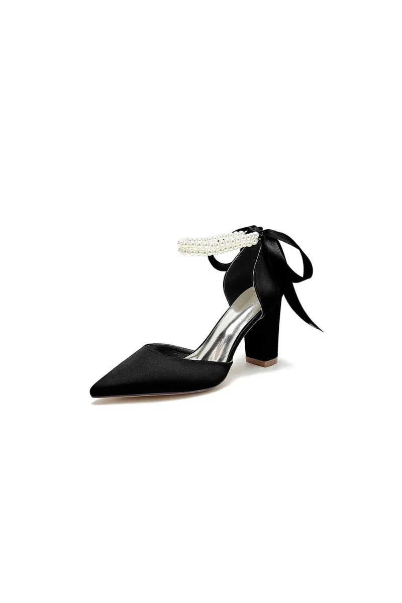 Pointed Toe Pearl Ribbon Ankle Strap Chunky Heel