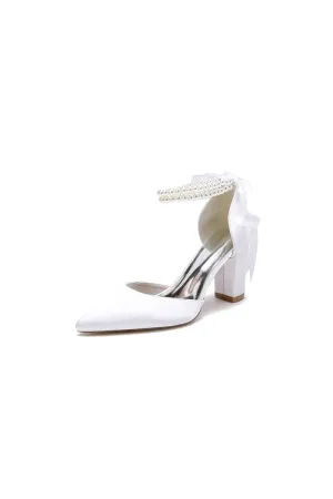 Pointed Toe Pearl Ribbon Ankle Strap Chunky Heel