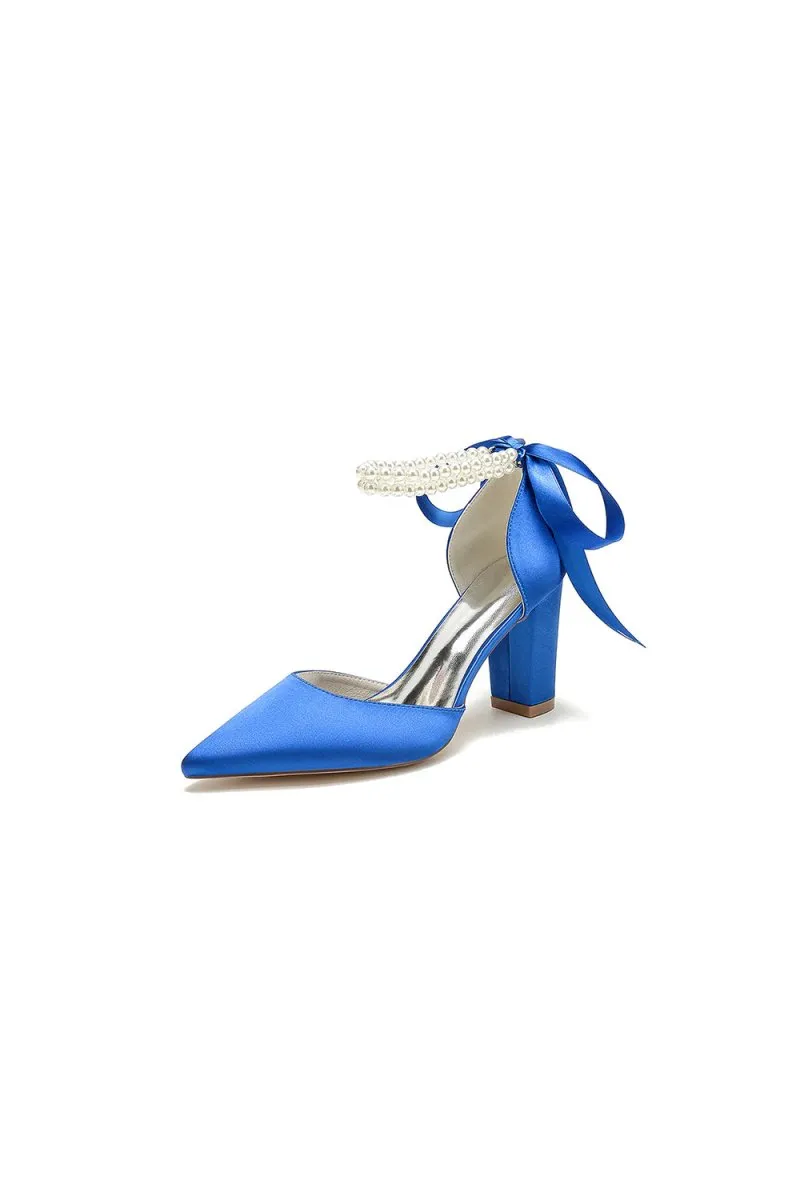 Pointed Toe Pearl Ribbon Ankle Strap Chunky Heel