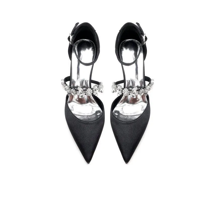 Pointed Toe Rhinestone Ankle Straps High Heels