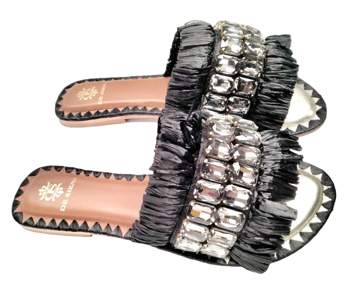 SAMMY RAFFIA SLIDES WITH CRYSTALS