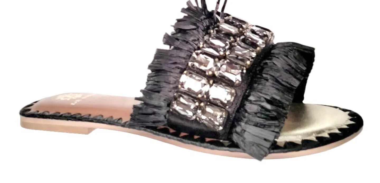 SAMMY RAFFIA SLIDES WITH CRYSTALS