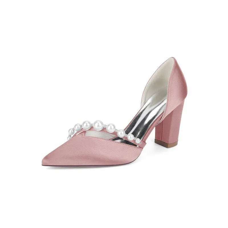 Satin High Heels with Pearl Embellishments