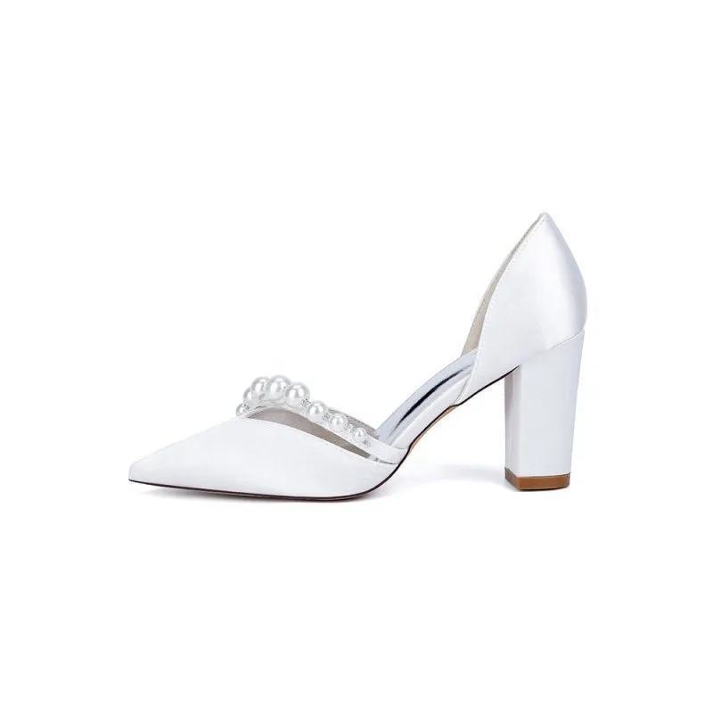 Satin High Heels with Pearl Embellishments