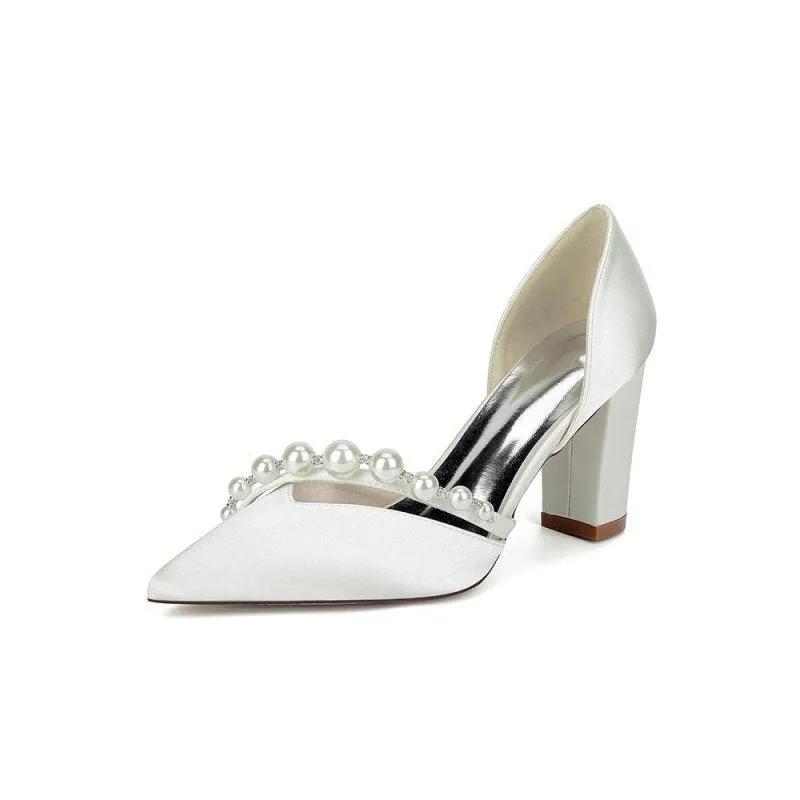 Satin High Heels with Pearl Embellishments