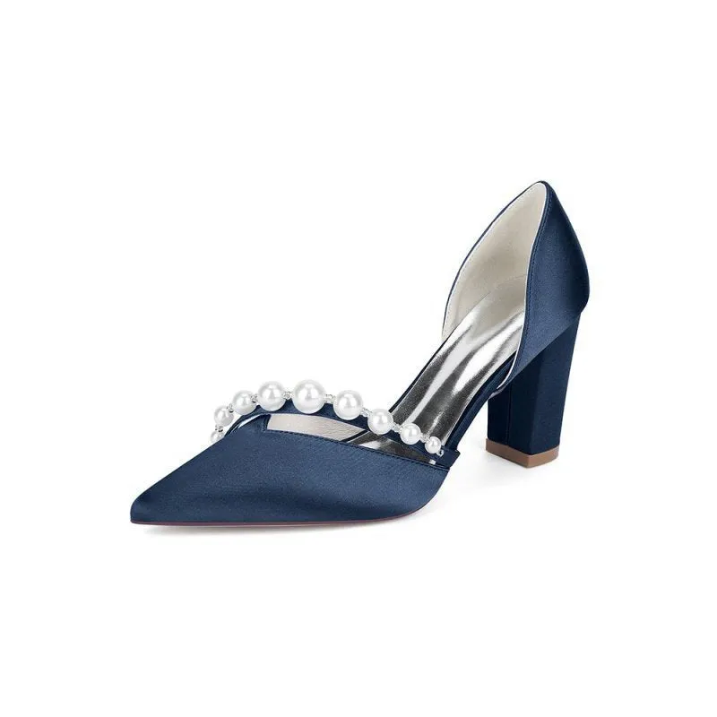 Satin High Heels with Pearl Embellishments