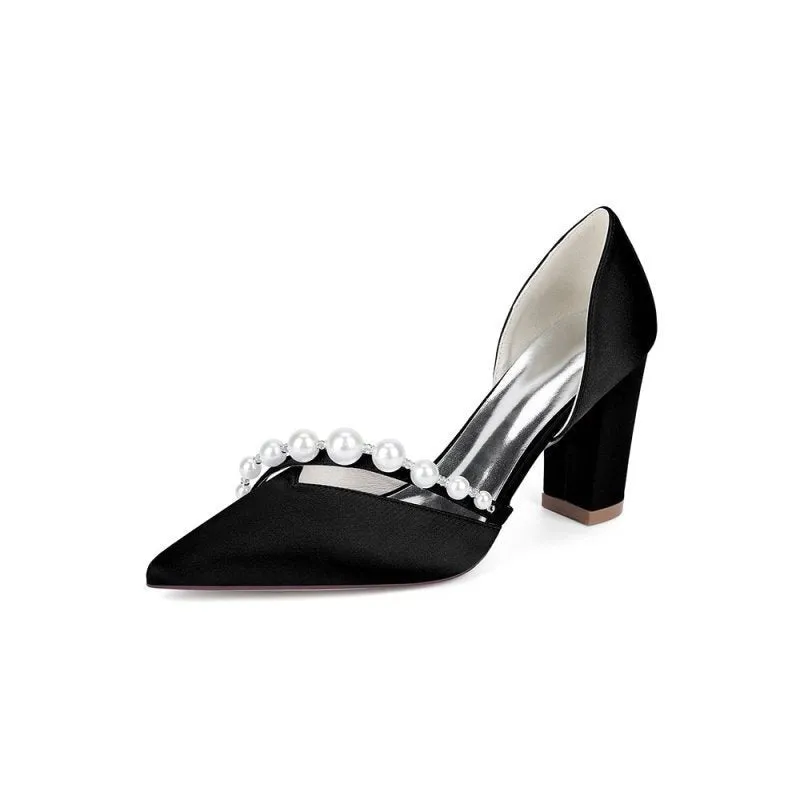 Satin High Heels with Pearl Embellishments
