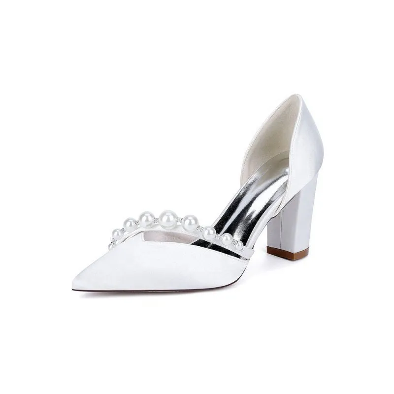 Satin High Heels with Pearl Embellishments