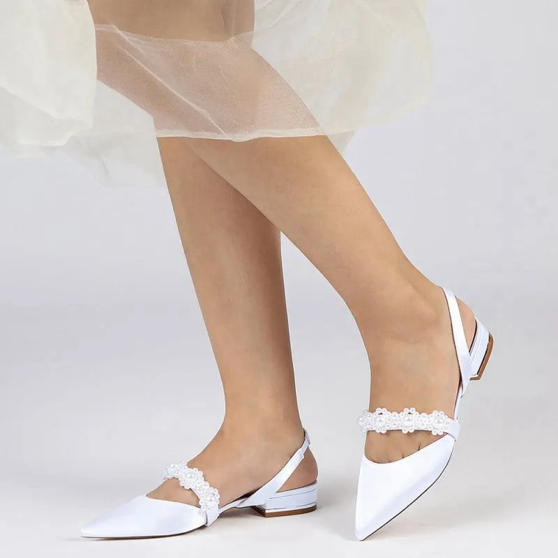 Satin Pointed Toe Pearl Kitten Heels