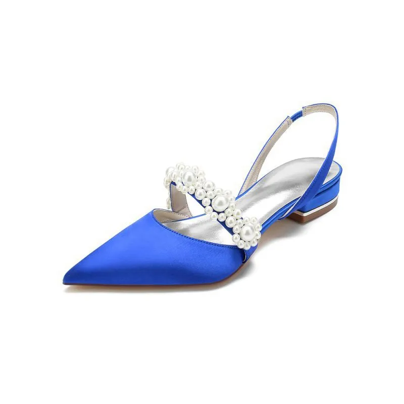 Satin Pointed Toe Pearl Kitten Heels