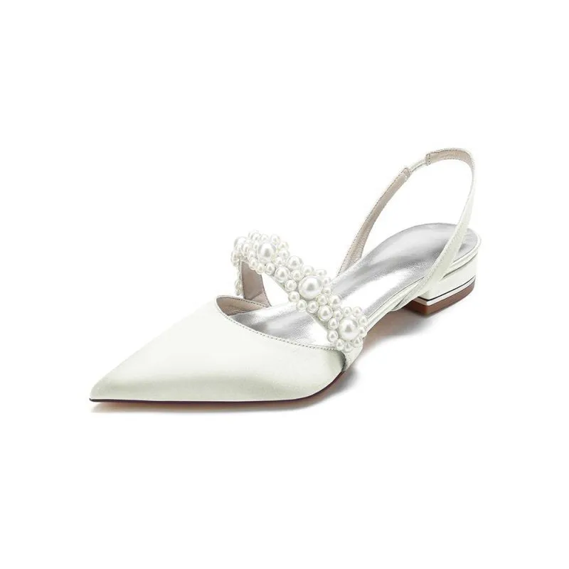 Satin Pointed Toe Pearl Kitten Heels