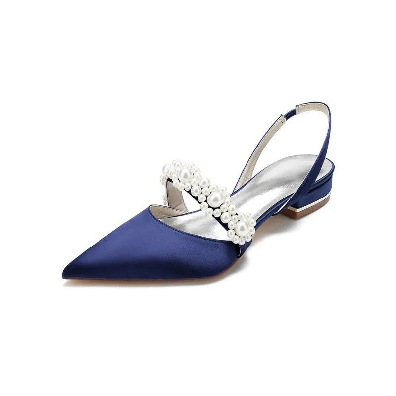 Satin Pointed Toe Pearl Kitten Heels