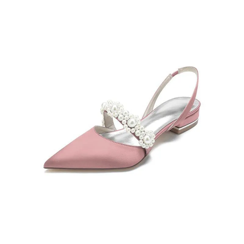 Satin Pointed Toe Pearl Kitten Heels