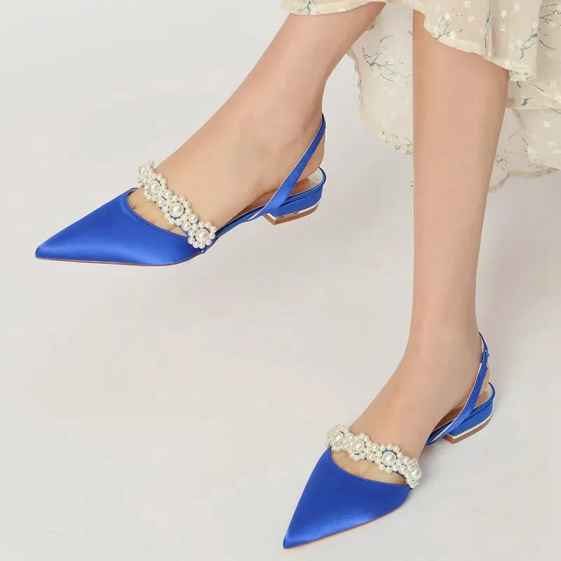 Satin Pointed Toe Pearl Kitten Heels