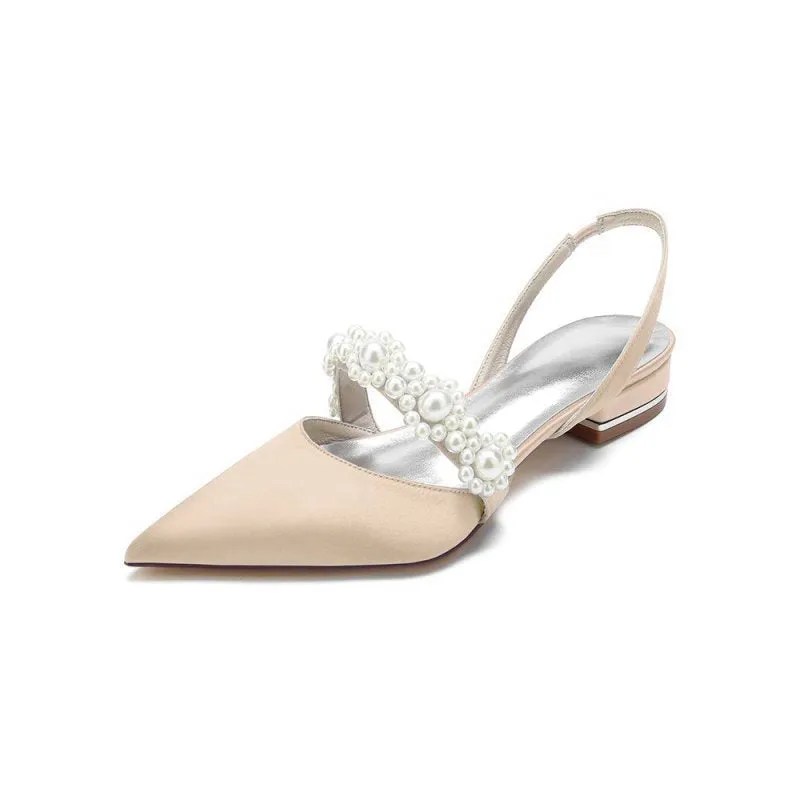 Satin Pointed Toe Pearl Kitten Heels