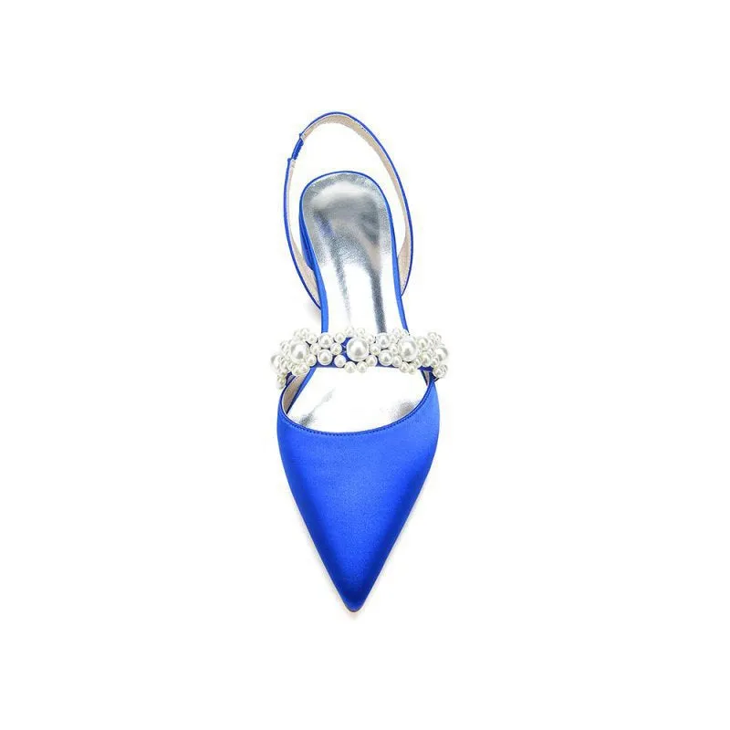 Satin Pointed Toe Pearl Kitten Heels