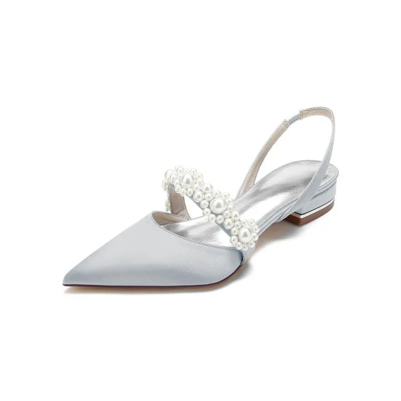 Satin Pointed Toe Pearl Kitten Heels