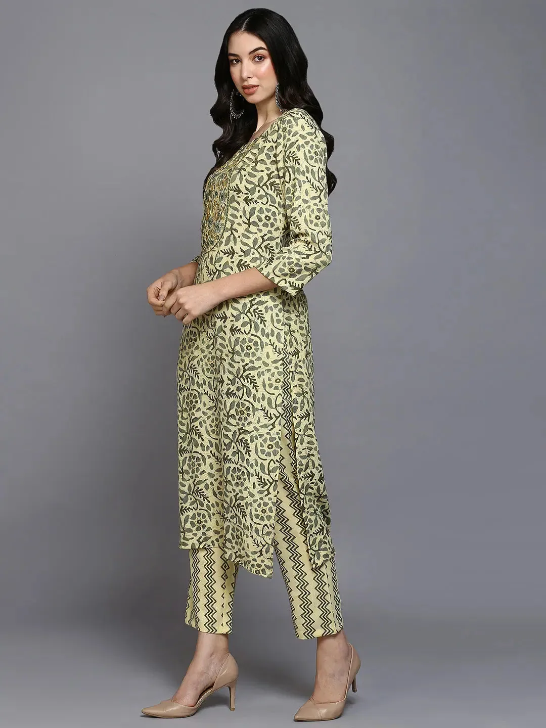 Silk Blend Yellow Printed Straight Kurta Pant-VKSKD1865