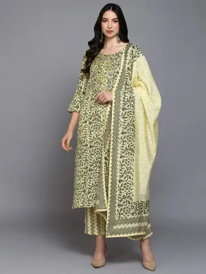 Silk Blend Yellow Printed Straight Kurta Pant-VKSKD1865
