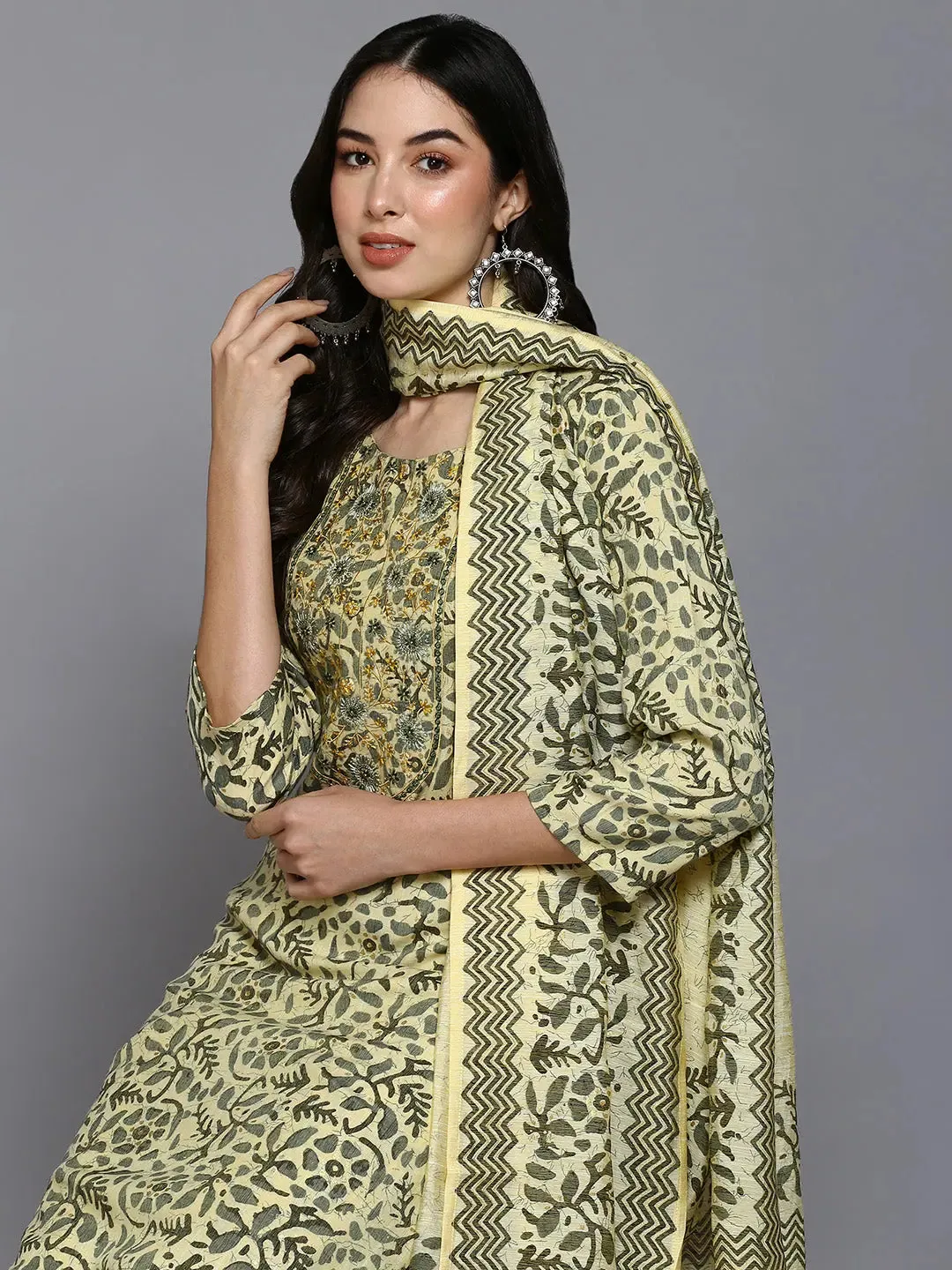 Silk Blend Yellow Printed Straight Kurta Pant-VKSKD1865