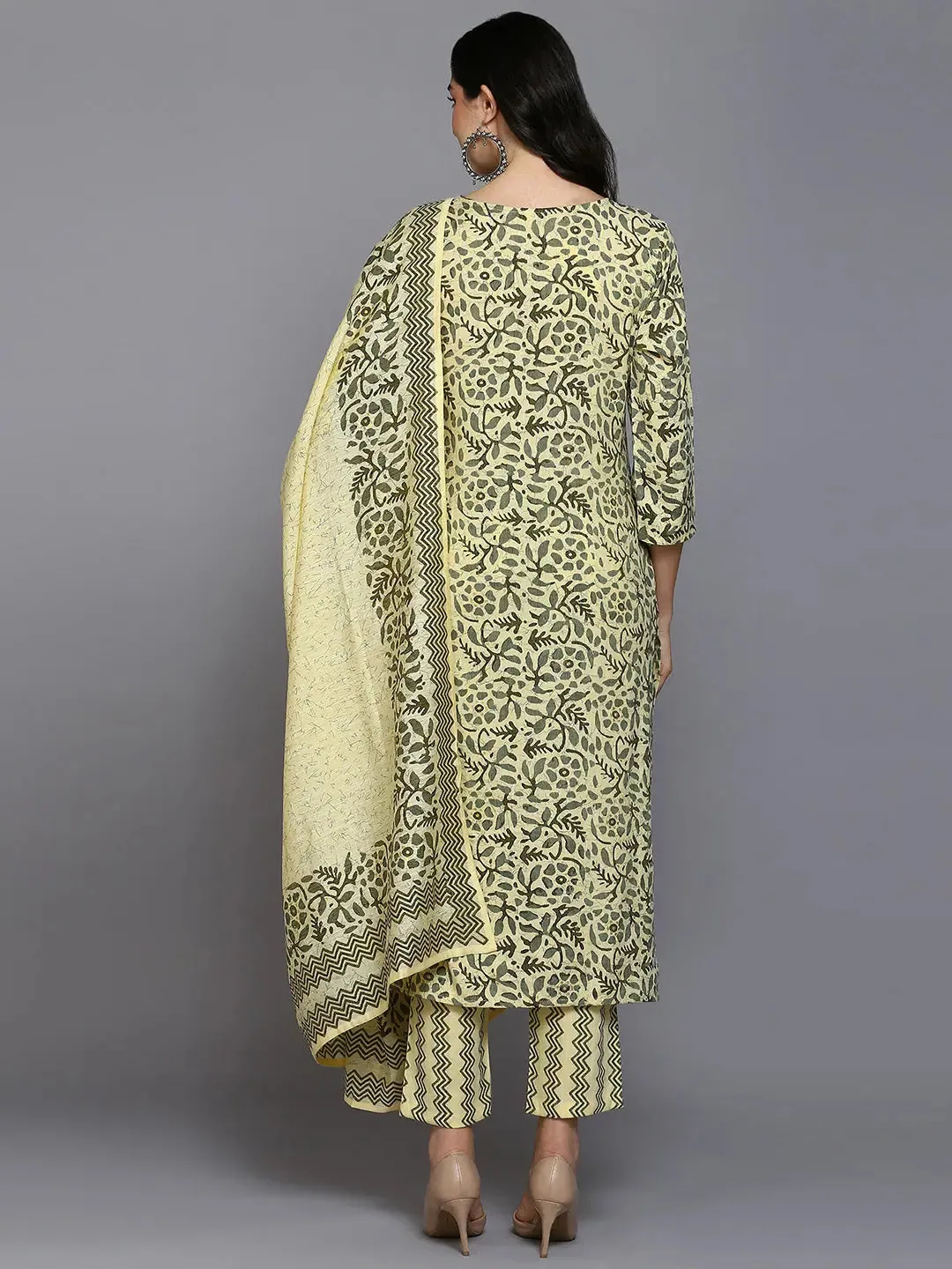 Silk Blend Yellow Printed Straight Kurta Pant-VKSKD1865