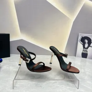 SL CRYSTAL BUCKLE HIGH HEELS BROWN SATIN