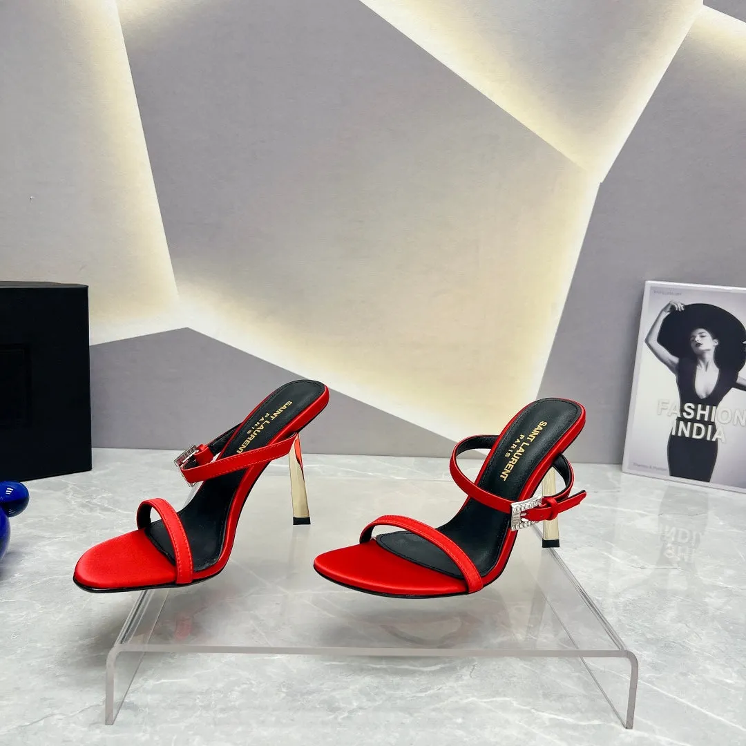 SL CRYSTAL BUCKLE HIGH HEELS RED SATIN