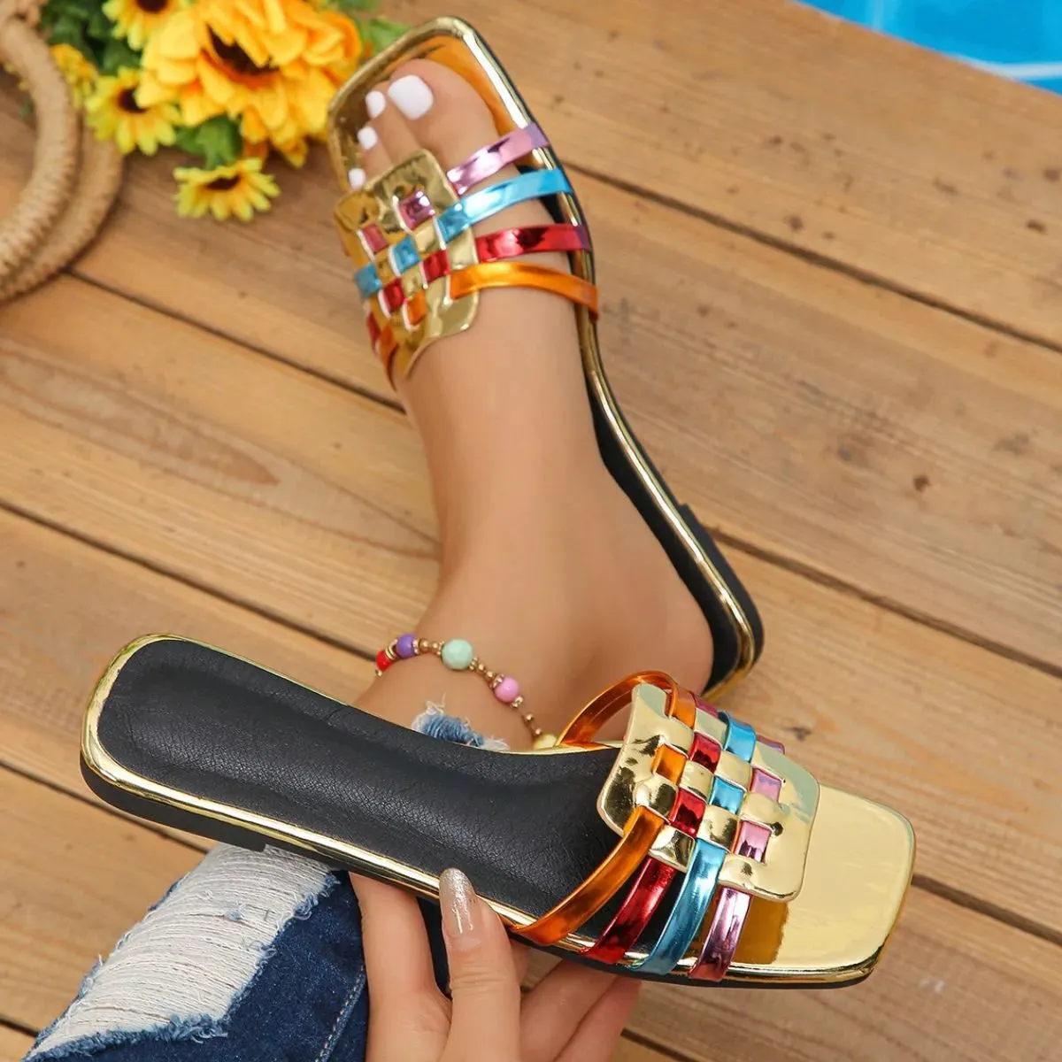 Square Open Toe Flats Sandals