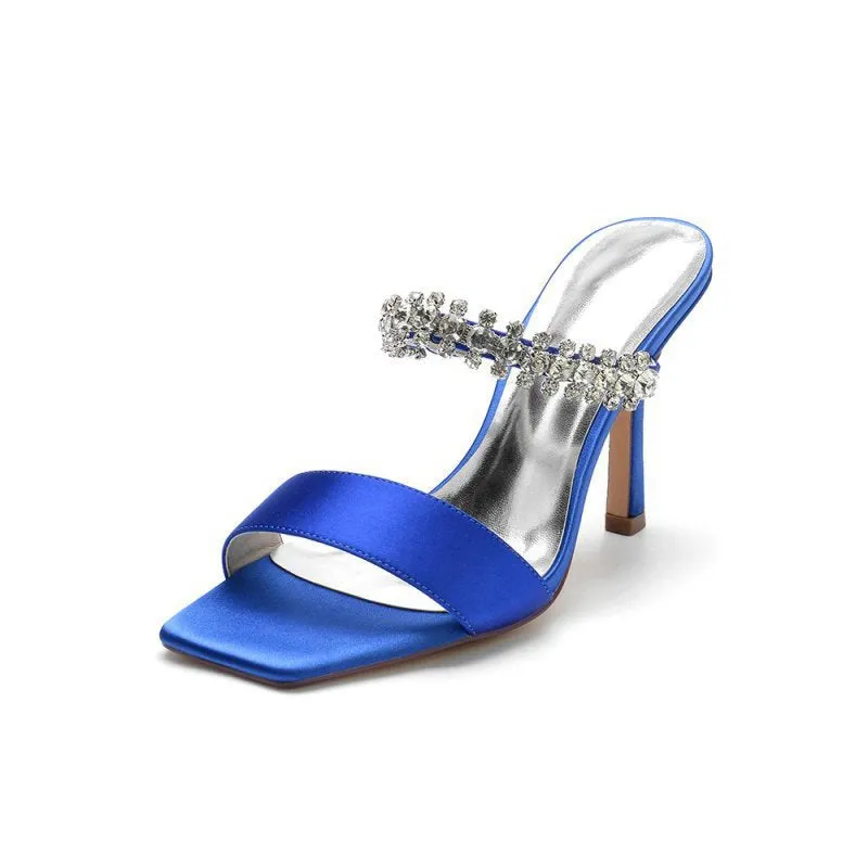 Square Open Toe Rhinestone Strappy Satin Stiletto Heels