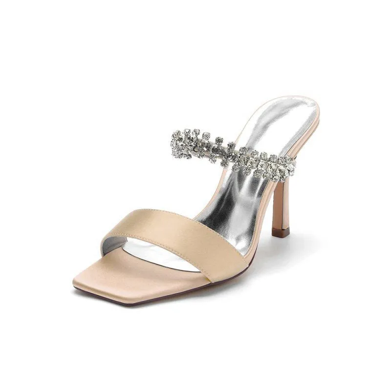 Square Open Toe Rhinestone Strappy Satin Stiletto Heels