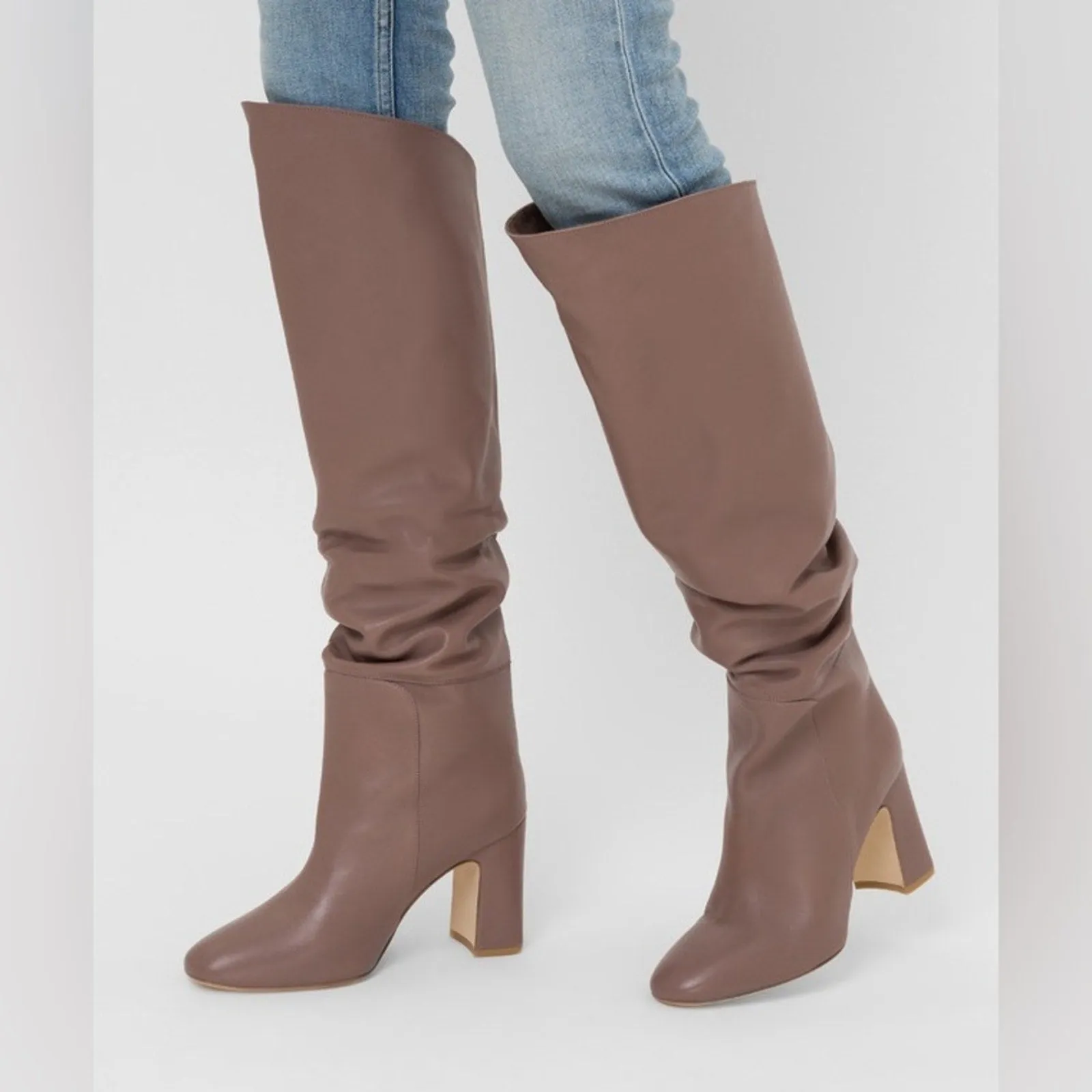 STUART WEITZMAN Women's Lucinda Taupe Fold-Over Knee-High Boots – Size 9.5