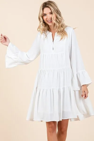 Tiered Notched Flare Sleeve Mini Dress