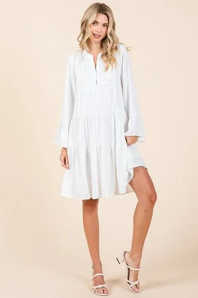 Tiered Notched Flare Sleeve Mini Dress