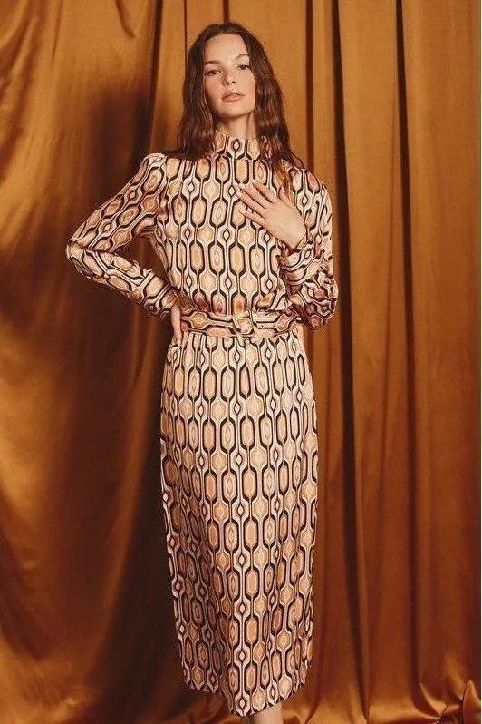 Tiger Eye Mock Neck Belted Midi Dress
