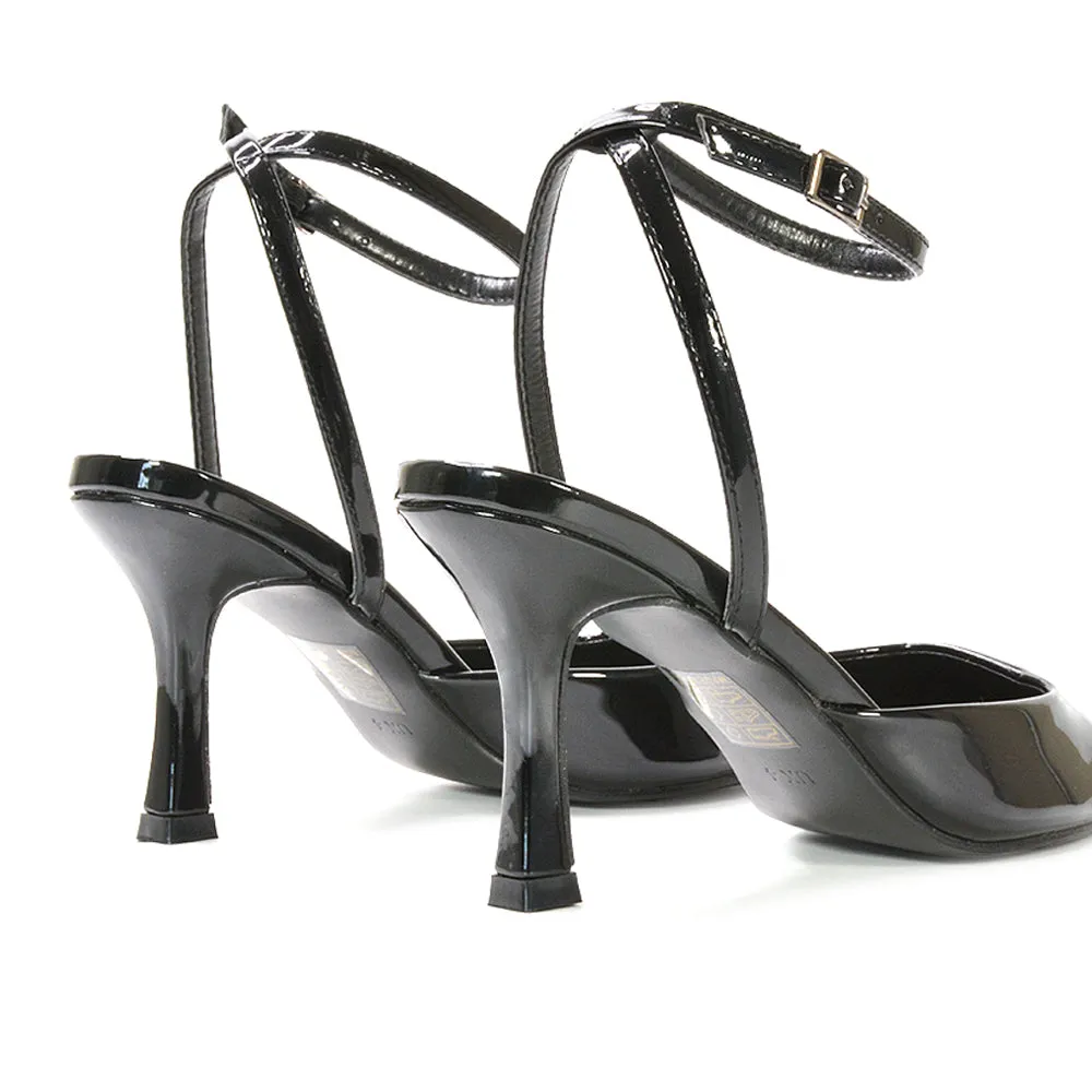Tori  Point Toe High Heel Stiletto Court Shoes With Ankle Strap in Light Grey Patent