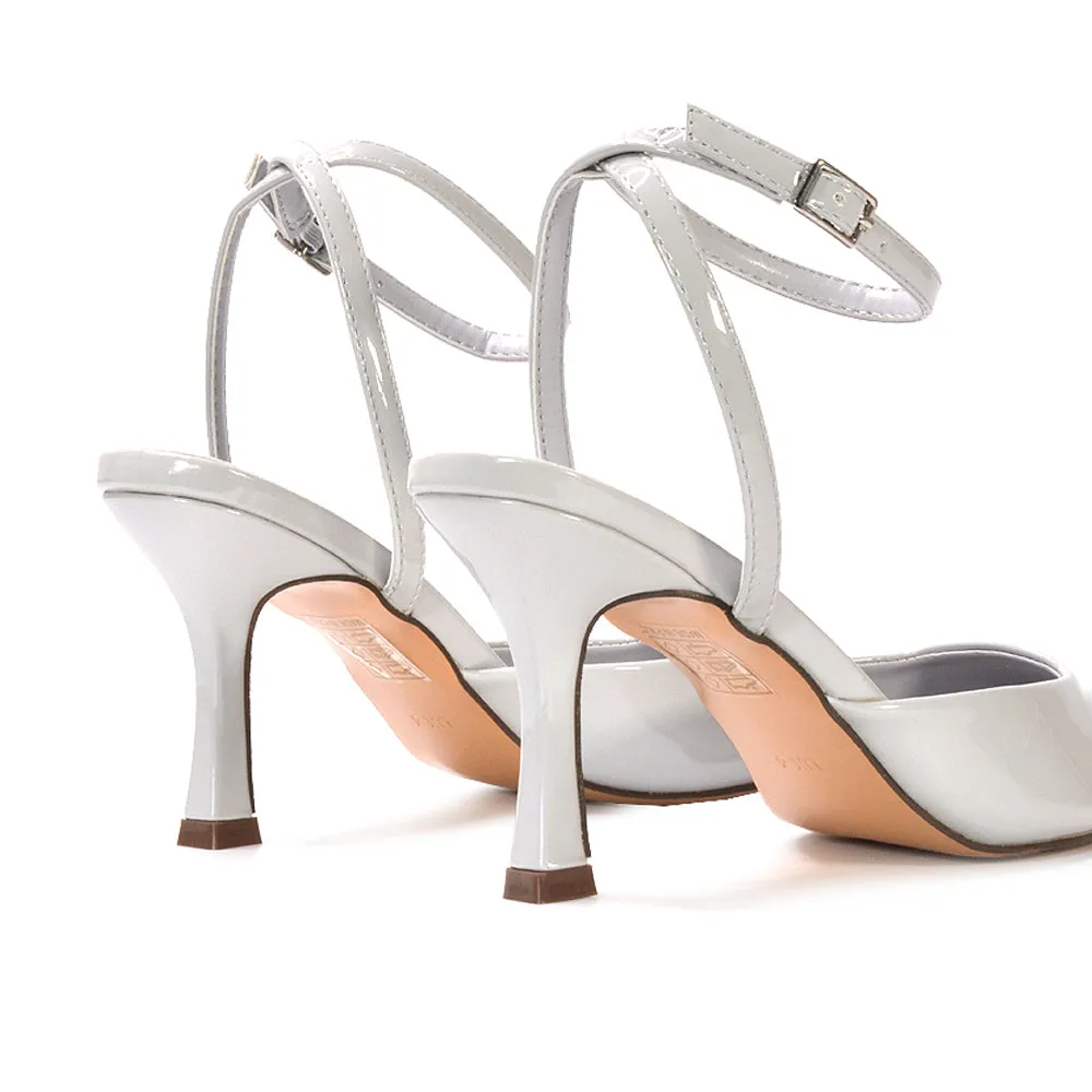 Tori  Point Toe High Heel Stiletto Court Shoes With Ankle Strap in Light Grey Patent